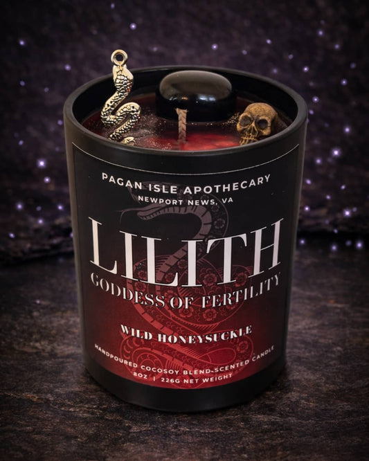 Lilith deity crystal candle honoring independence and feminine power, designed with bold mystical elements and crystals for empowerment rituals.