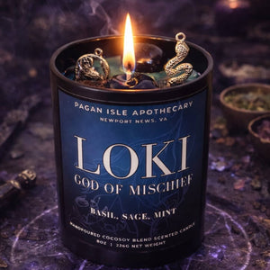 Loki crystal candle with dynamic ritual crystals, designed for transformation, mischief, and personal evolution.