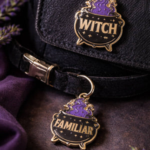 Witch-themed keychain with 'Familiar' and 'Witch' text on a dark background.