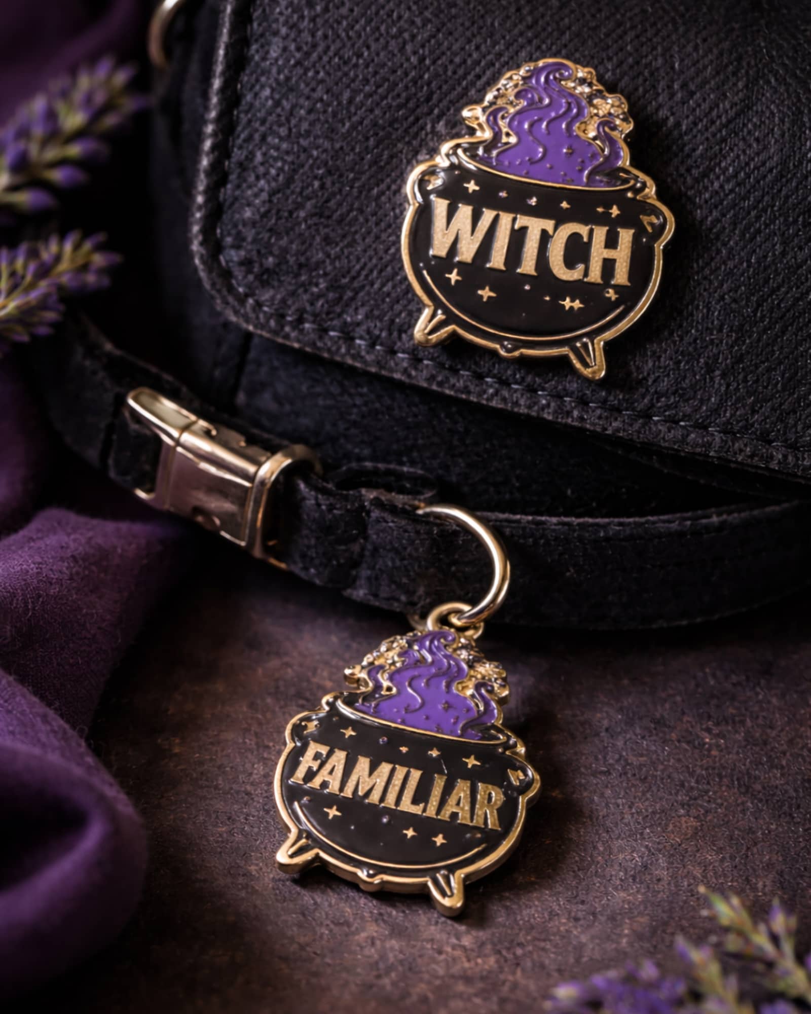 Witch-themed keychain with 'Familiar' and 'Witch' text on a dark background.