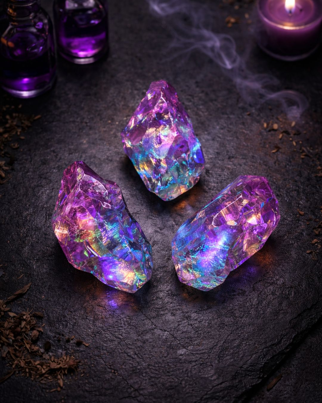 Mermaid aura amethyst crystal featuring a vibrant purple base with shimmering rainbow aura finish, raw crystal texture, and magical fantasy-inspired appearance for altar or decor use.