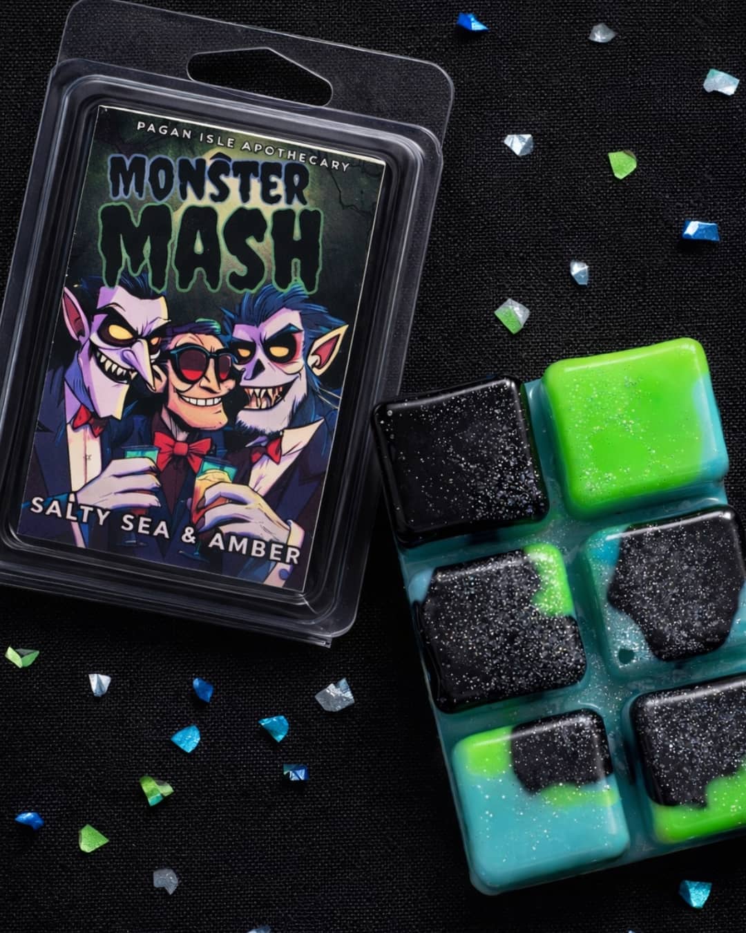 Monster Mash wax melt with playful spooky colors and Halloween-inspired styling