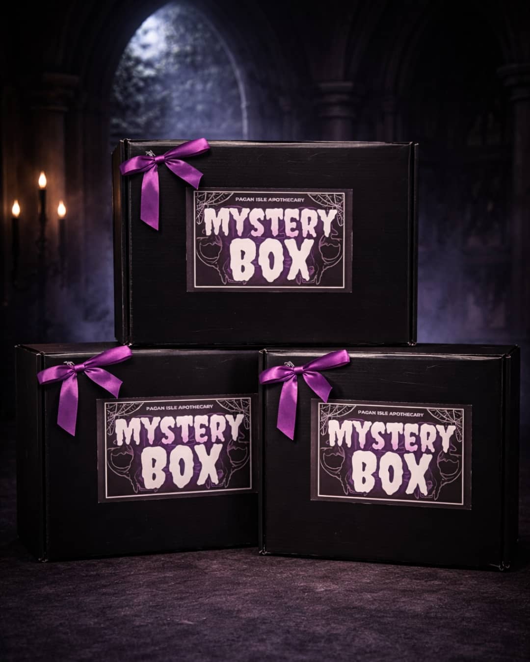 Group of witchy mystery boxes filled with curated magical items, crystals, candles, and apothecary goods, designed as surprise bundles for spiritual gifting and personal rituals.