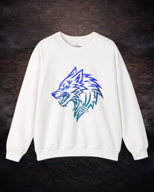 Flat lay of the white Nordic Wolf sweatshirt displaying the Norse wolf design with a clean, high-contrast look.