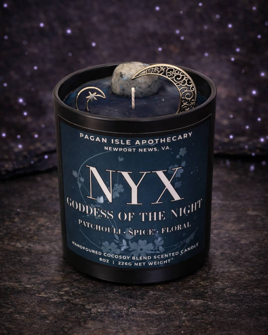 Nyx deity crystal candle inspired by the primordial goddess of night, featuring deep shadowy tones and crystals for nocturnal rituals and mystical decor.