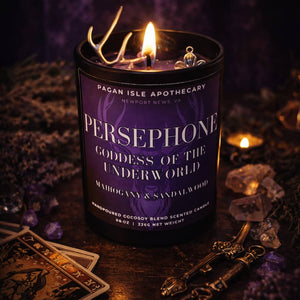 Persephone crystal candle decorated with symbolic crystals, representing rebirth, balance, and inner transformation.