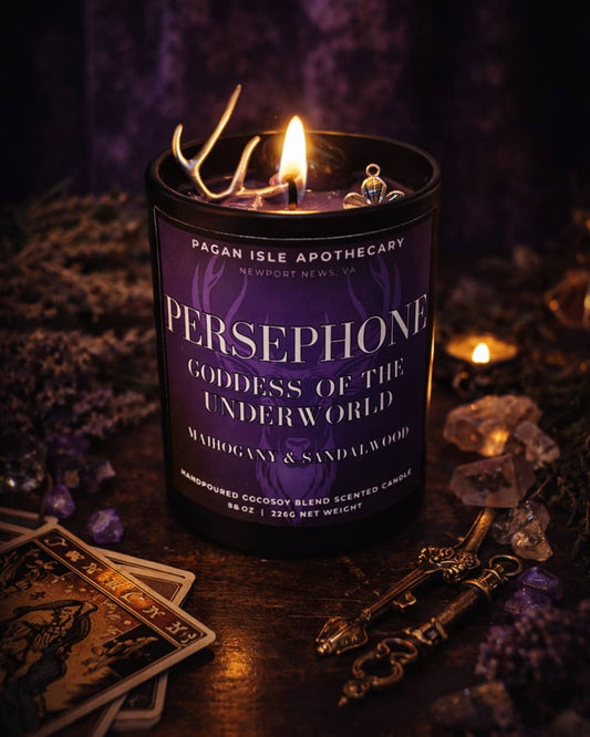 Persephone crystal candle decorated with symbolic crystals, representing rebirth, balance, and inner transformation.