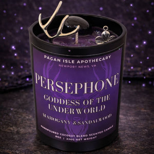 Persephone deity crystal candle symbolizing transformation, rebirth, and duality, adorned with crystals and rich tones for seasonal and shadow work rituals.