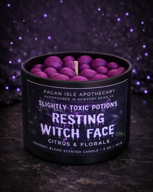 Whimsical spell-themed candle designed for rest and recovery, featuring a playful witchy aesthetic perfect for self-care rituals and cozy spaces.