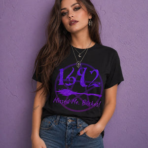 Woman wearing black salem witch shirt with 1692 design and spooky witch shirt aesthetic