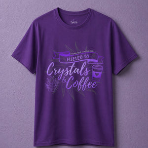 Purple spiritual t shirt with crystal shirt design, styled as witch clothing featuring crystals and coffee graphic