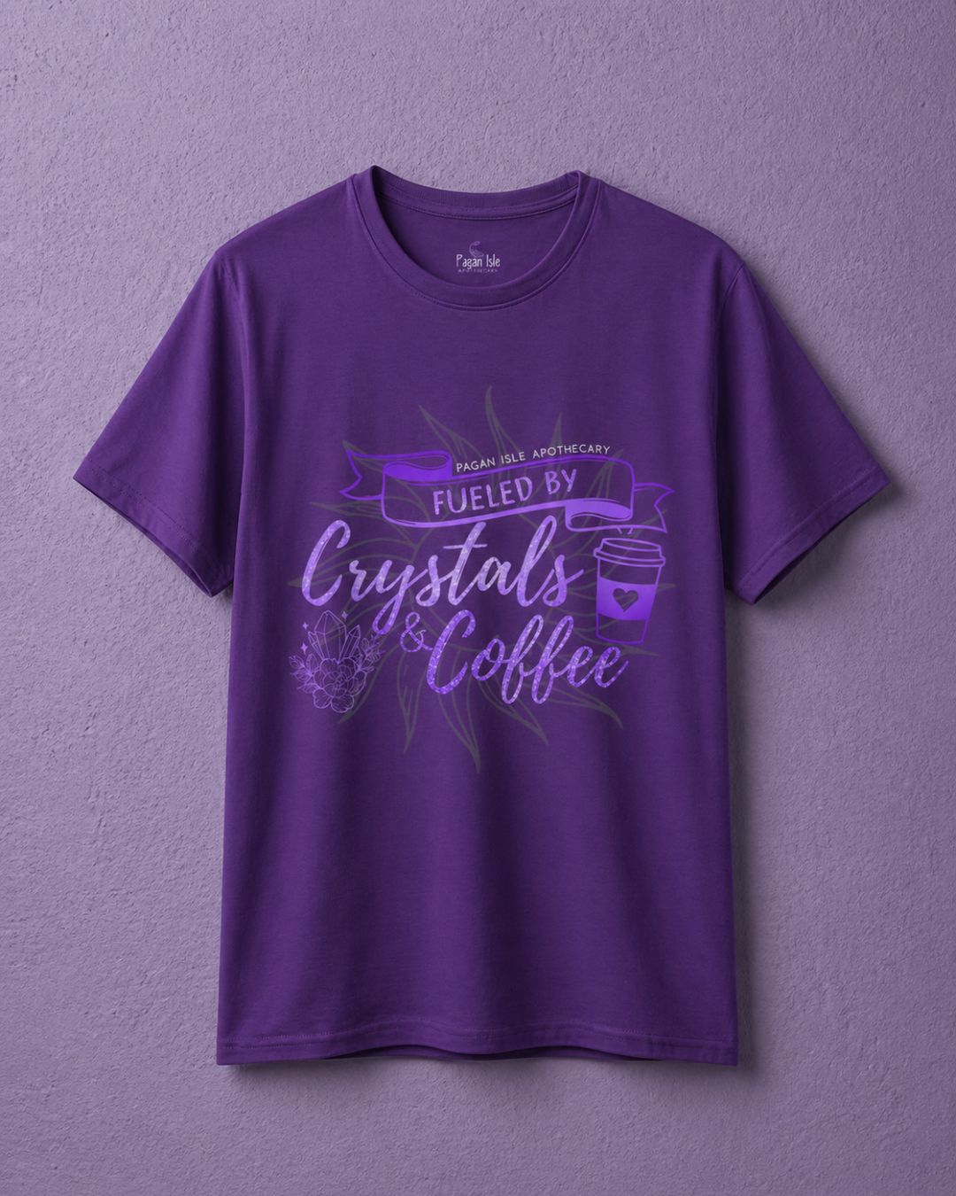Purple spiritual t shirt with crystal shirt design, styled as witch clothing featuring crystals and coffee graphic