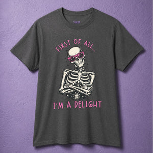 Dark heather witchy t shirt with funny witch shirt skeleton design wearing sunglasses in spooky cute shirt style