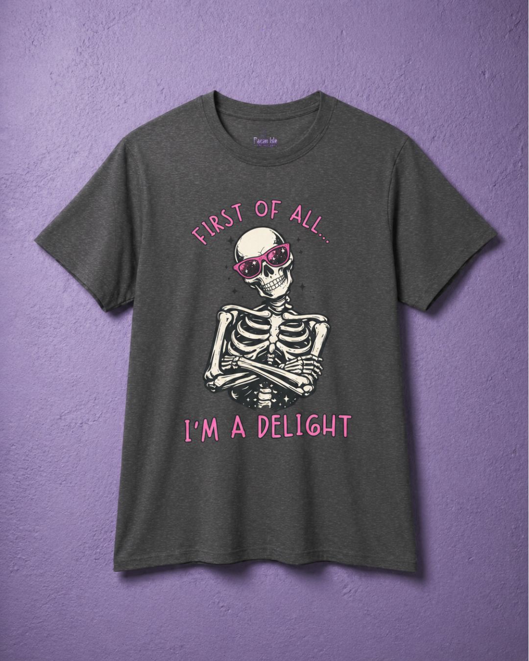 Dark heather witchy t shirt with funny witch shirt skeleton design wearing sunglasses in spooky cute shirt style