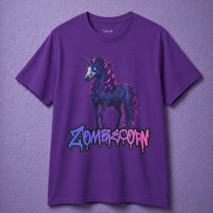 Purple spooky shirt featuring a Zombiecorn creepy unicorn graphic in vibrant gothic style