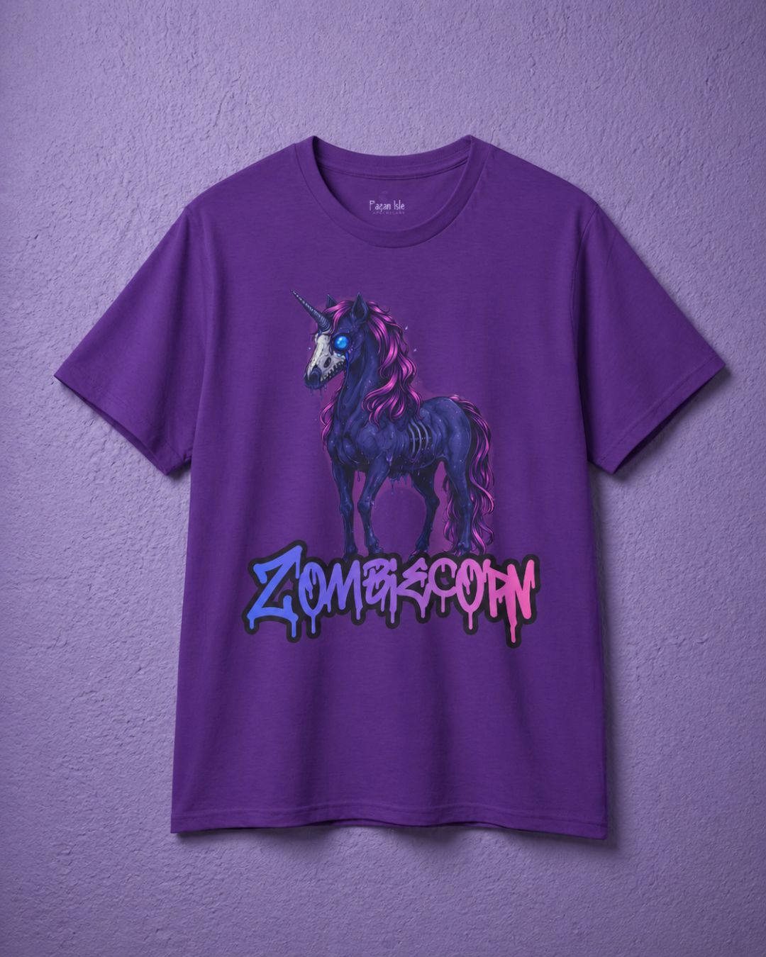 Purple spooky shirt featuring a Zombiecorn creepy unicorn graphic in vibrant gothic style