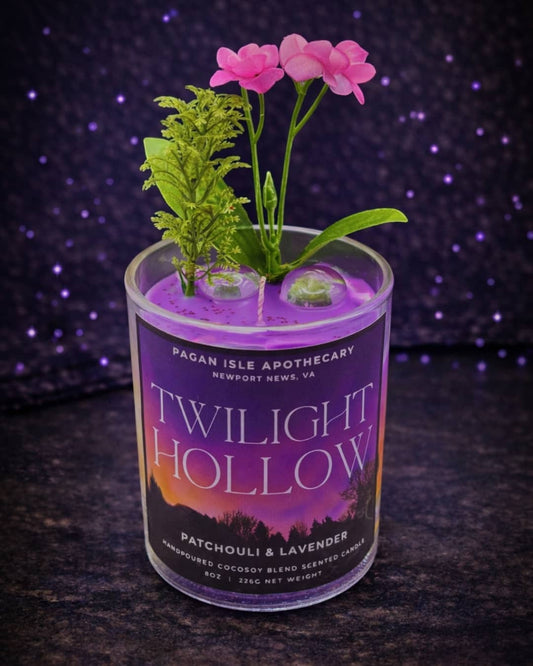 Dark forest-inspired candle evoking twilight shadows, mossy woods, and quiet magic, styled for moody altar setups and atmospheric home decor.