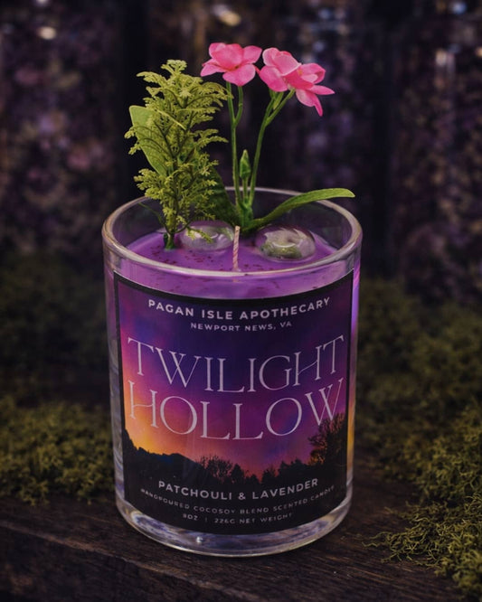 Twilight Hollow forest candle inspired by shadowed woods at dusk, featuring dark mystical tones and an enchanted woodland aesthetic for ritual use and atmospheric decor.