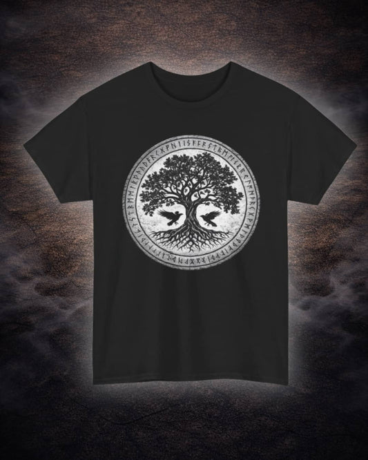 Flat lay of the black Warden Odin’s Tree of Life t-shirt featuring a bold Norse tree of life design on a dark background.