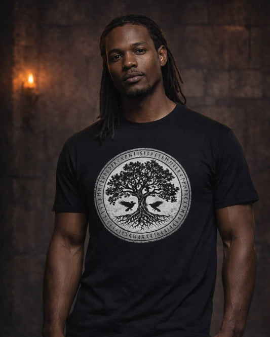 Model wearing the black Warden Odin’s Tree of Life t-shirt featuring a Norse-inspired tree of life design in a moody studio setting.