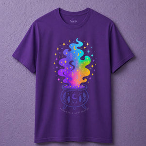 Purple witchy t shirt with colorful cauldron witch shirt design and magical rainbow smoke