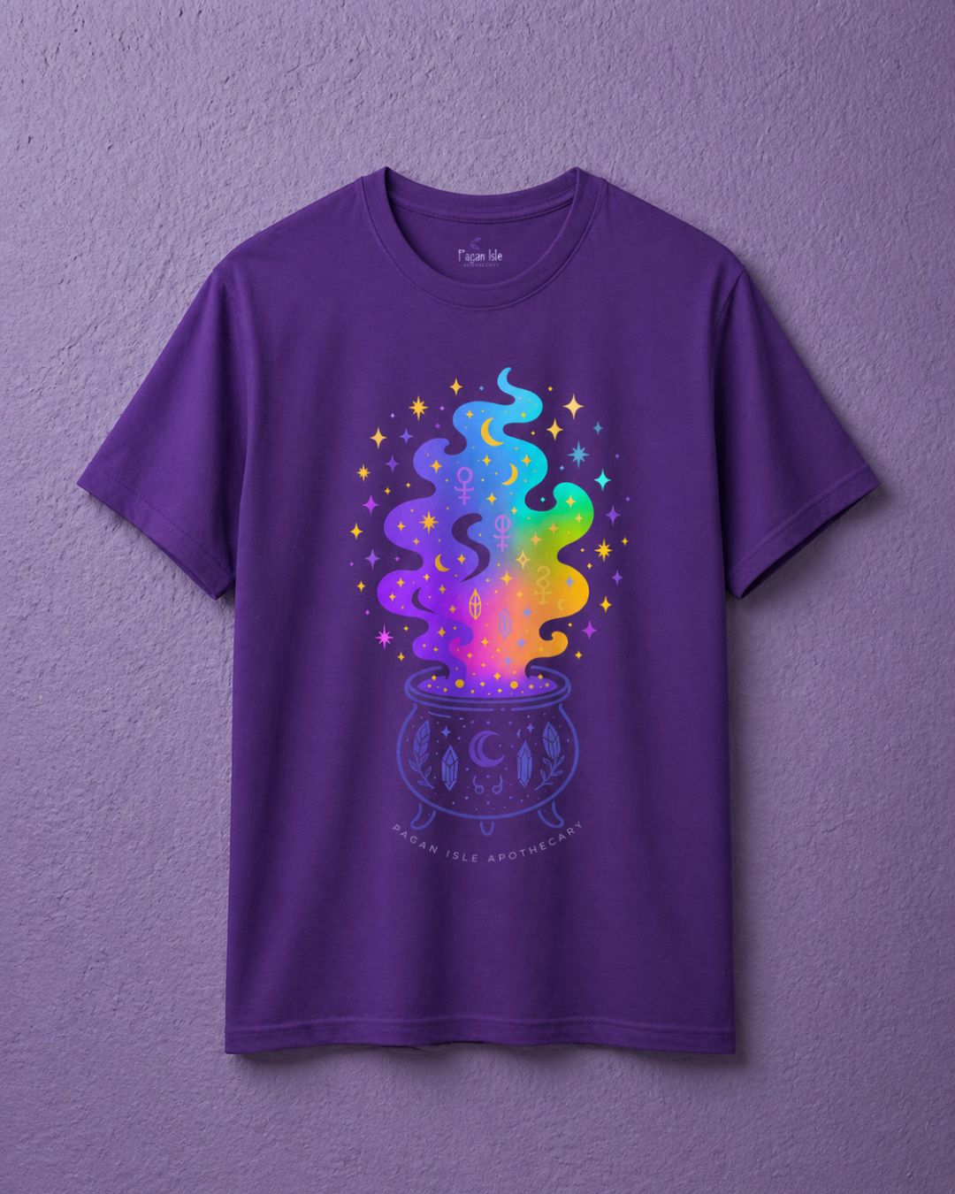 Purple witchy t shirt with colorful cauldron witch shirt design and magical rainbow smoke