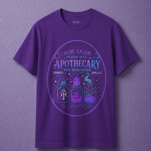 Purple witchy t shirt featuring apothecary shirt design with potion graphics and celestial details