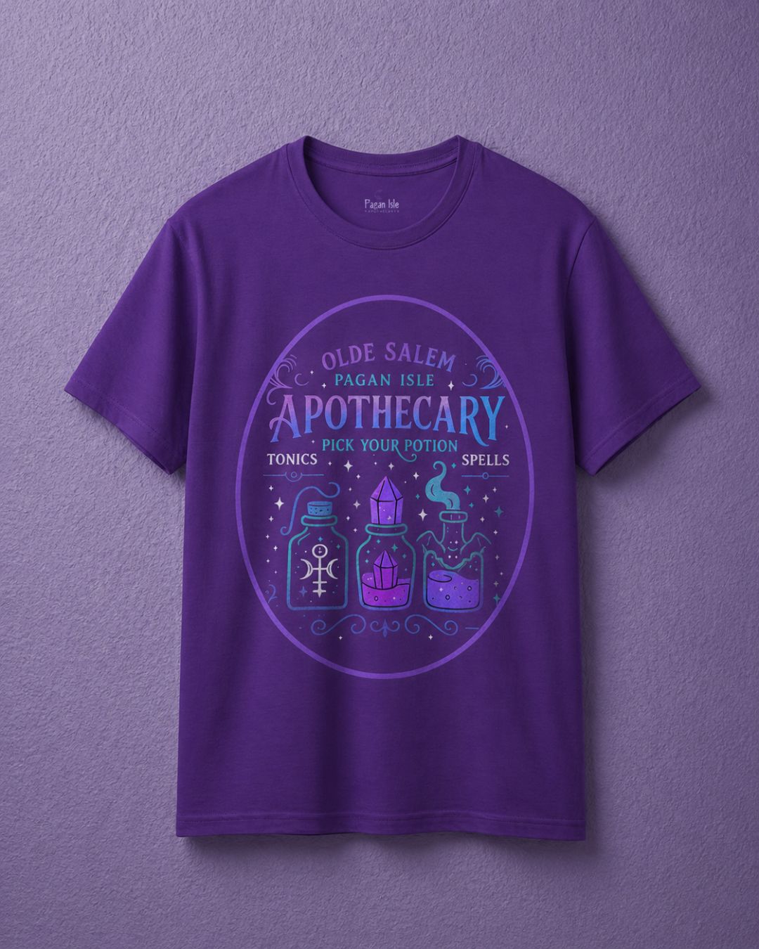 Purple witchy t shirt featuring apothecary shirt design with potion graphics and celestial details