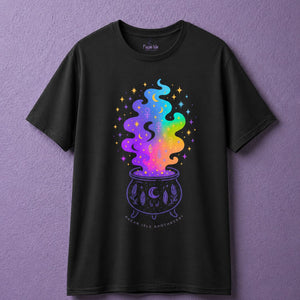Black witchy t shirt featuring colorful cauldron witch shirt design with mystical smoke and stars