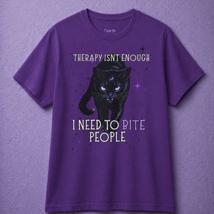 Purple witchy t shirt with black cat shirt design and funny gothic phrase in mystical style