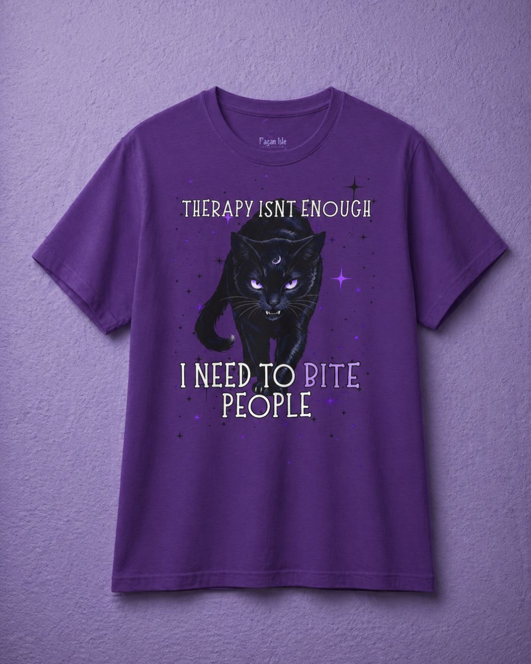 Purple witchy t shirt with black cat shirt design and funny gothic phrase in mystical style