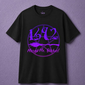 Black witchy t shirt featuring salem witch shirt design with 1692 graphic and broom illustration
