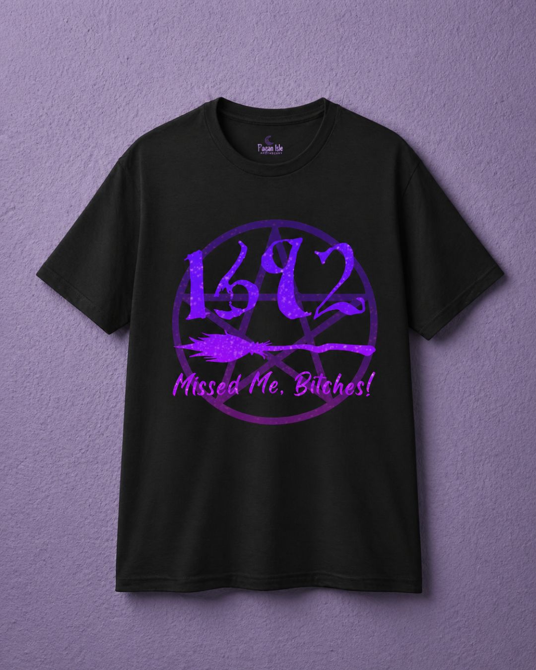 Black witchy t shirt featuring salem witch shirt design with 1692 graphic and broom illustration