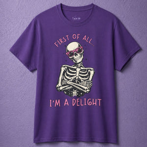 Purple witchy t shirt featuring funny witch shirt skeleton with pink sunglasses and spooky cute shirt text