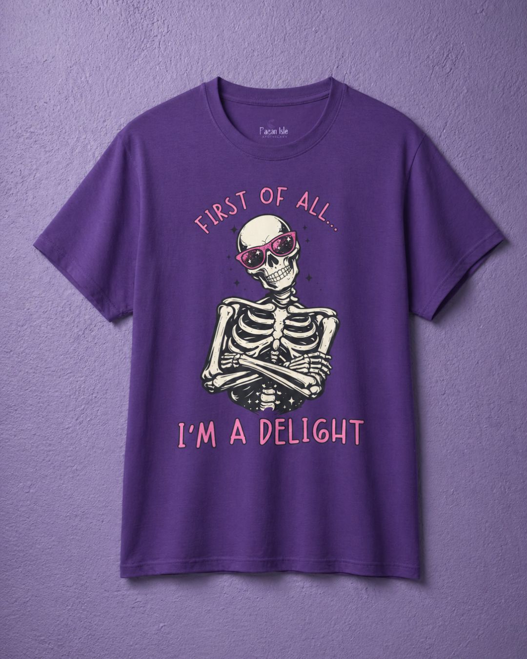 Purple witchy t shirt featuring funny witch shirt skeleton with pink sunglasses and spooky cute shirt text