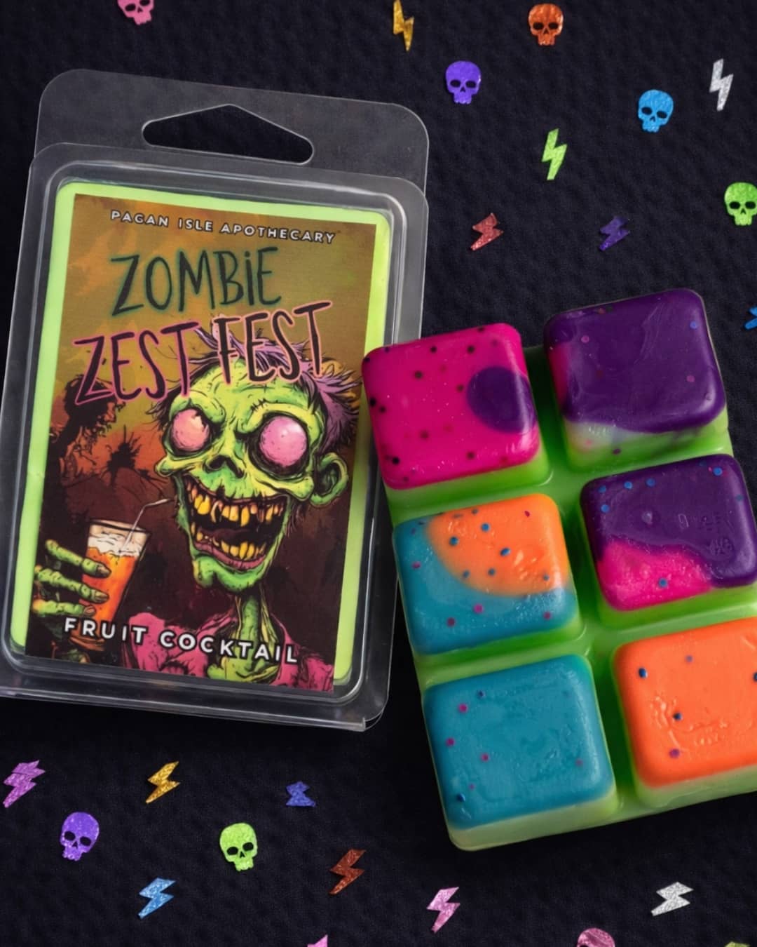 Zombie Zest Fest wax melt with bright citrus tones in a spooky gothic aesthetic