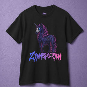 Black spooky shirt featuring a Zombiecorn design, a creepy unicorn graphic with gothic purple and pink details