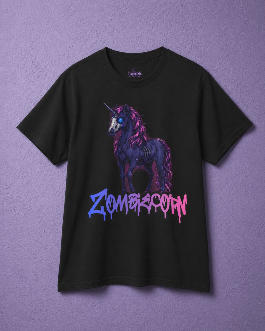 Black spooky shirt featuring a Zombiecorn design, a creepy unicorn graphic with gothic purple and pink details