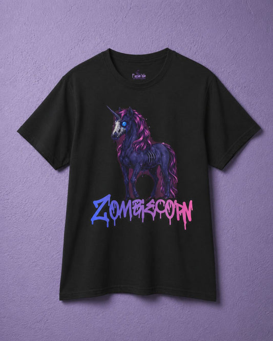 Black spooky shirt featuring a Zombiecorn design, a creepy unicorn graphic with gothic purple and pink details