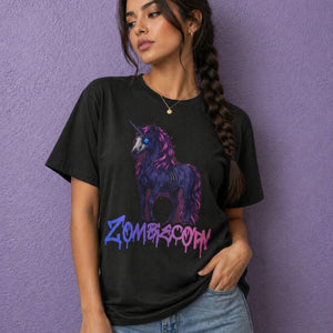 Woman wearing a black spooky shirt with Zombiecorn creepy unicorn design styled as casual gothic outfit