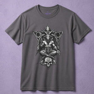 Baphomet shirt for men with detailed satanic art design on charcoal t shirt, occult apparel graphic tee