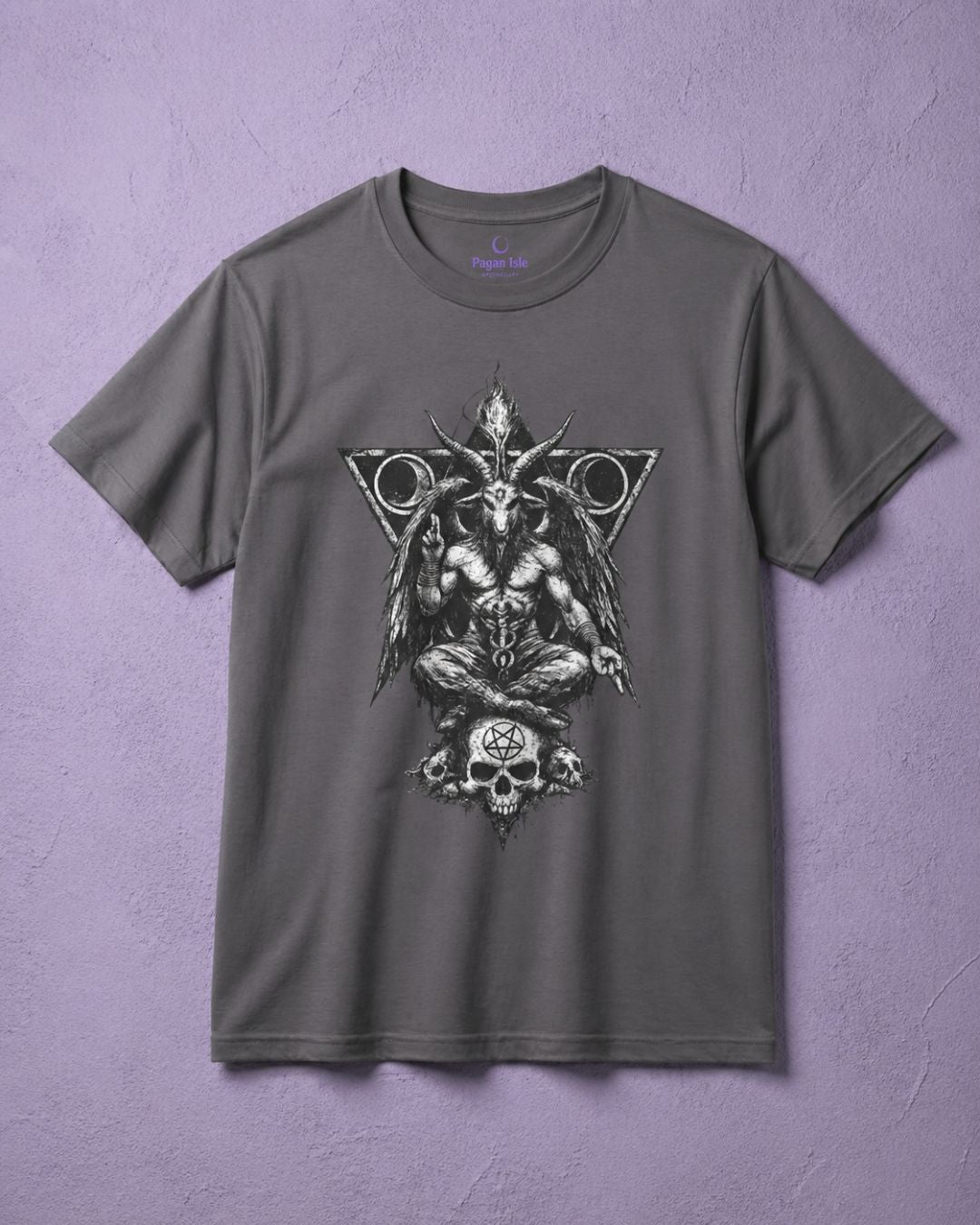 Baphomet shirt for men with detailed satanic art design on charcoal t shirt, occult apparel graphic tee