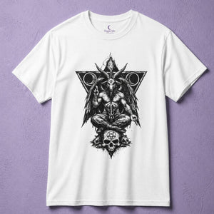 Baphomet shirt for men with detailed satanic art design on white t shirt, occult apparel graphic tee