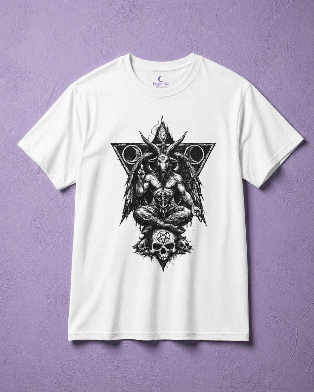 Baphomet shirt for men with detailed satanic art design on white t shirt, occult apparel graphic tee