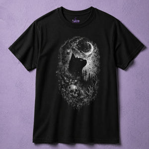 Black cat t shirt for men with gothic moon design on black tee, witchy clothing and spooky aesthetic graphic shirt
