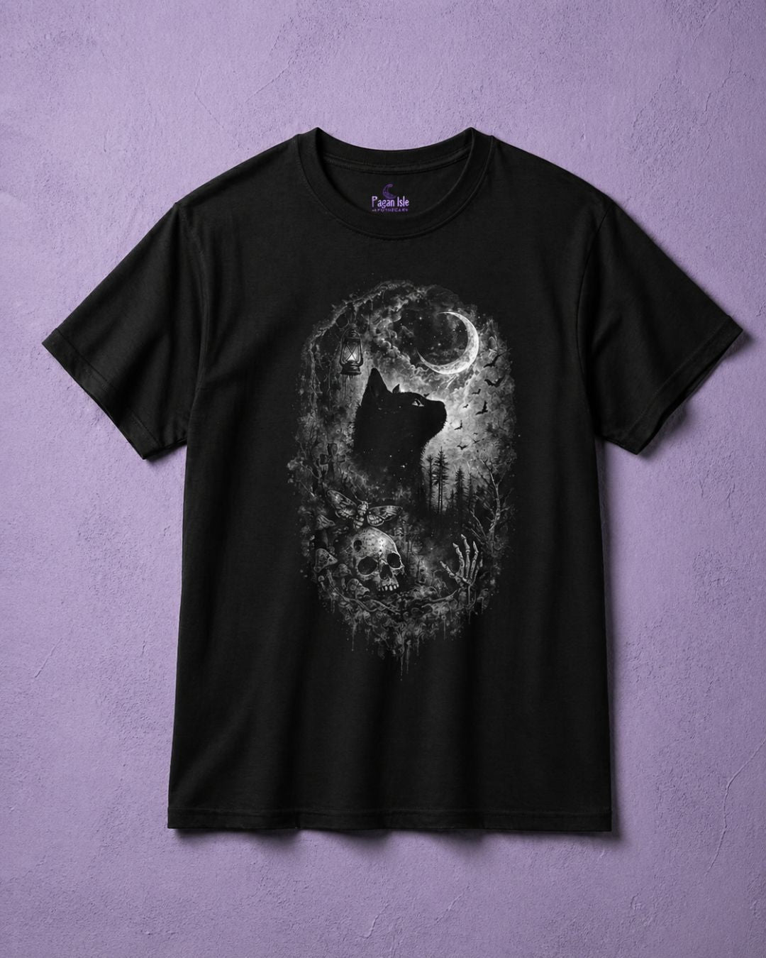 Black cat t shirt for men with gothic moon design on black tee, witchy clothing and spooky aesthetic graphic shirt