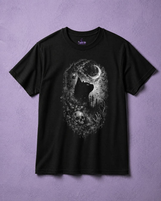 Black cat t shirt for men with gothic moon design on black tee, witchy clothing and spooky aesthetic graphic shirt