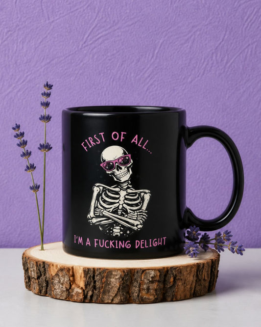 Funny coffee mug with skeleton wearing sunglasses and sarcastic quote, gothic mug gift for her, witchy home decor