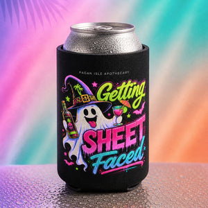 Halloween koozie with ghost drinking cocktail and “Getting Sheet Faced” text on beer can cooler, spooky summer vibe