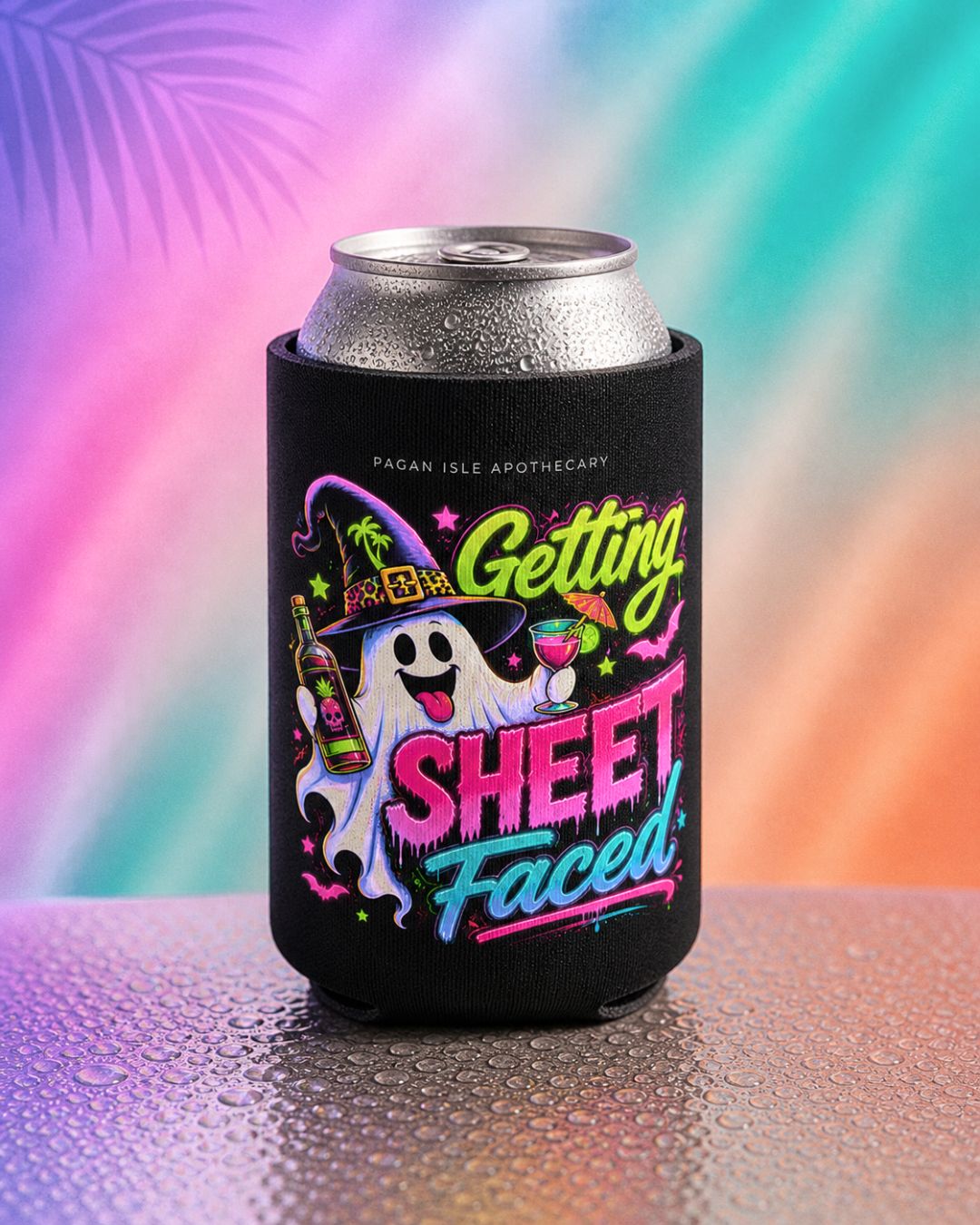 Halloween koozie with ghost drinking cocktail and “Getting Sheet Faced” text on beer can cooler, spooky summer vibe